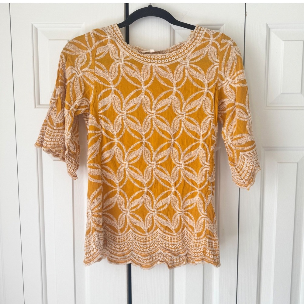 Solitaire Mustard Yellow Embroidered Eyelet Boho Blouse 3/4 Bell Sleeve Small